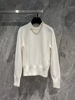 2023 Есен/Зима, Нов дамски пуловер от кашмир с веригата от бяло злато с цип, през отвор, конци