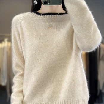 2023 Есенно-Зимния Нов вълнен пуловер с кръгло деколте, Женски Контрастен Свободен пуловер, Пуловер от 100% чиста вълна, вязаный Кратък Топ