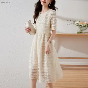 2023, Женствена рокля midi в корейски стил, Лятна рокля трапецовидна форма, с кръгло деколте и къс ръкав и висока талия, Елегантни вечерни рокли за феи