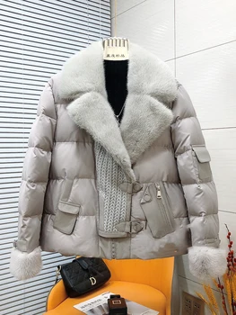 2023 Модерна Нова Зимно палто от естествена кожа на Норка, Дамско яке за гусином топола, луксозни якета