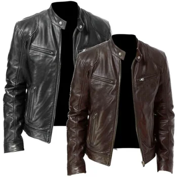 2023 Мъжки Модни Кожено яке, приталенная яке от изкуствена кожа с висока яка, мъжки якета с диагонал цип и Защита От вятър, Мотоциклетни Якета, Мъжки 5XL