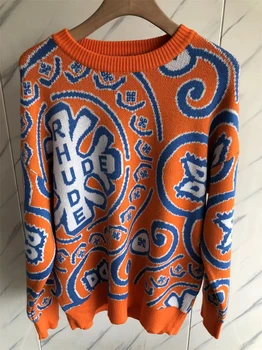 23SS Кръгъл отвор, Оранжево Вязаный Жаккардовый пуловер Rhude, Мъжки И дамски Ежедневни блузи с кръгло деколте в готически стил