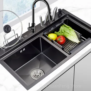 304 Нано-мивка от неръждаема стомана, двойно кухненски мивки, черно мивка за кухня, купа за мивки от неръждаема стомана 4 мм, кухненски аксесоари Z
