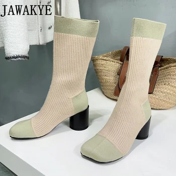 Crochet обувки с квадратни пръсти, дамски луксозни маркови разтеглив плътно прилепнали ботуши до средата на прасците, зимни дамски модел обувки на висок ток