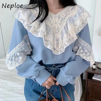 Neploe Корея луксозен мила нежна hoody с качулка Femme 2023, есен, V-образно деколте, контрастная лейси поставяне, Свободни разнообразни блузи с дълъг ръкав