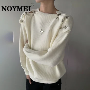 NOYMEI Есента модерен вязаный пуловер с метална катарама на рамото, с дълъг ръкав, Без Корейски мъжки пуловер без яка тениска WA1841