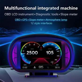 P2 Централен дисплей Автомобилен HUD OBD2 GPS Измерител на наклона на Атмосферни лампа на LCD Уред Аксесоари за електроника За всички автомобили