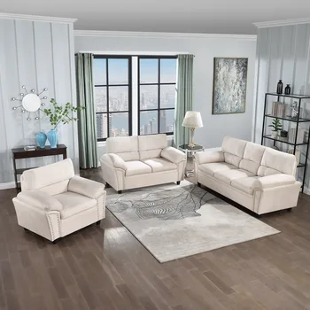 Бежово Комплект1 + 2 + 3 дивана, velvet облачен диван, лесно става, е мек и удобен за всекидневна, спалня, офис