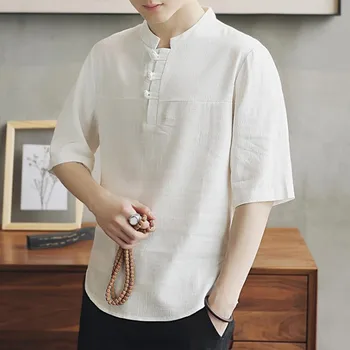 Бельо тениска голям размер за мъже, памучен и бельо тениска, китайска бельо риза с къс ръкав и ключалката, свободна през лятото.