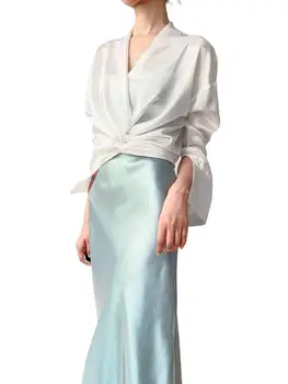 Висококачествени секси бизнес блузи с V-образно деколте, 5XL, Френски, Елегантен и Темпераментна сатен, елегантен топ, демисезонная дамска бяла тениска