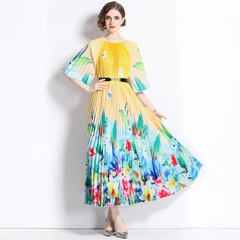 Висококачествено плиссированное рокля за жените 2023, разноцветни Летни рокли с флорални принтом, Свободни Ежедневни и удобни рокли в голям размер