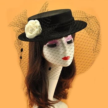 Горната шапка в стил ретро Хепбърн с цветен воал, окото шапка, плосък цилиндър, подпори за фотосесия, Ins