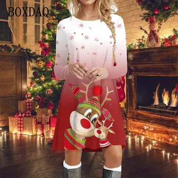 Градиентное Коледна рокля с Снежинками Жената е Хубава Коледна рокля с принтом Лосове, Есенно-Зимния Ежедневното вечерна рокля с дълъг ръкав Оверсайз