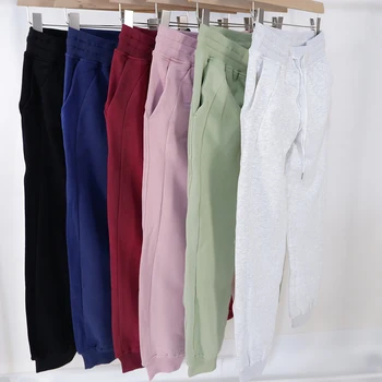 Дамски Есен-зима плюшени памучни панталони с логото на Lu, LULU scuba, запазването на топлина Спортни Зимни панталони за фитнес, джогинг, ежедневни панталони дантела прозорци
