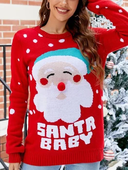 Дамски Коледни пуловери с хубав принтом на дядо коледа, Пуловер с дълъг ръкав и кръгло деколте, Всекидневни плетени блузи