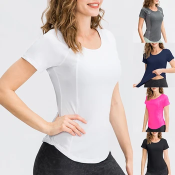 Дамски обтягивающая спортна тениска за йога с къс ръкав и кръгло деколте от мрежата, дишаща высокоэластичная бързосъхнеща облекло за фитнес, за джогинг