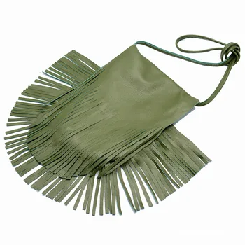 Дамски чанта през рамо, Дизайнерска чанта от естествена кожа със зелени ресни, Модерна дамска чанта с пискюли