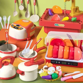 Детска възможност да играе в имитация на дома, комплект за миене на съдове, Кликнете върху вода, Мивка, Мини-кухненски играчки за родители и деца