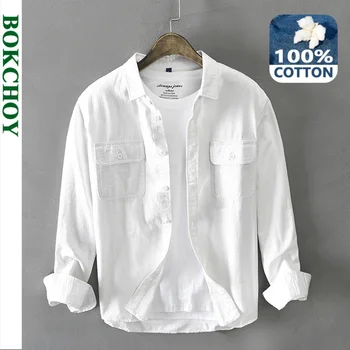 Есен-Зима, Нова Мъжка риза с дълъг ръкав, чист памук, ретро стил, джоб с копчета, Работно облекло, A-Z102