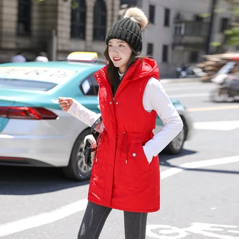 Есенно-зимния женски пуховый памук жилетка, яке, утепленная корея, шапка, преносимо палто, женски жилетка с джобове, блузи, нов размер 3XL