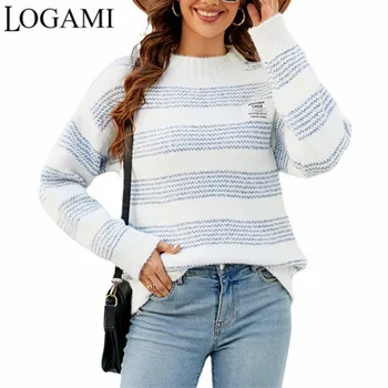 Есенно-зимния пуловер LOGAMI в контрастни райета, Женски 2023, Нов Свободен Трикотаж с високо деколте Наполовина