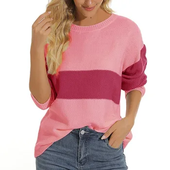 Жена вязаный пуловер с цветен елемент, който е Кръгъл отвор, Свободен Пуловер с дълъг ръкав, Пуловер, Женски есенно-зимните модни ежедневни пуловери