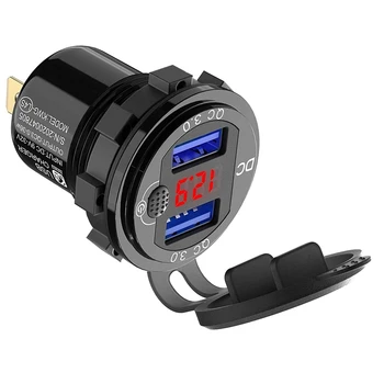 Зарядно за кола Quick Charge 3.0 с две 12, USB, алуминиево контакт с бутон за превключване и червен цифров волтметър, водоустойчив