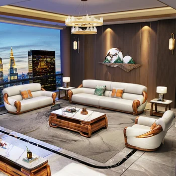 Кожен диван Uginwood с централен слой от телешка кожа, новата китайска вила за всекидневна, луксозна комбинация на мека мебел от масивно дърво