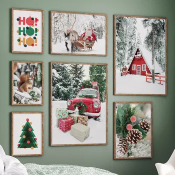Коледно дърво, подарък от Дядо Коледа, Ретро червена кола, Монтиране на изкуството, платно картина, Скандинавски принт, монтаж на стена на изображението, за украса на хола, Плакат