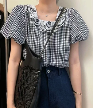 Корейската ins ретро мода, завързана квадратен яка, дизайн на кукленото яка, риза с къси ръкави, клетчатая риза, малка риза