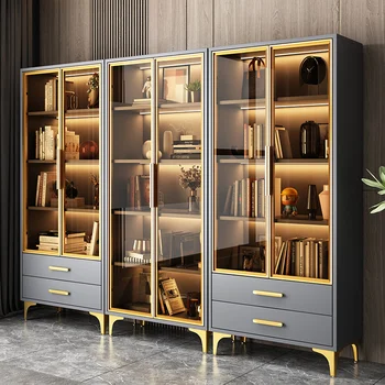 Лесен луксозен книжния шкаф със стъклена врата етаж шкафче от масивно дърво в скандинавски стил, Витринный шкаф за всекидневната, монтиран на стената шкафове за кабинета