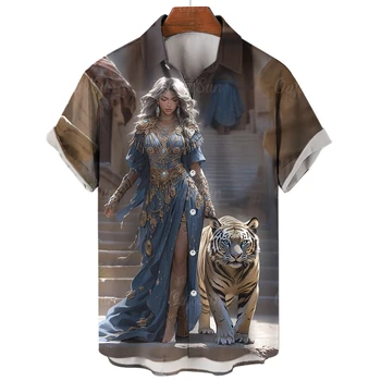 Лятна Мъжка Хавайска риза с 3D изображение на тигър, риза с копчета, Градинска мъжка риза Оверсайз в стил Харадзюку, Новост 2023, Модерен случайни топ