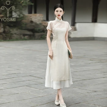 Лятото Женствена рокля YOSIMI 2023, Китайското Елегантна Дълга Рокля с къс ръкав в ретро стил Чонсам, Пряко Бежевое Ципао до средата на прасците, Vestido