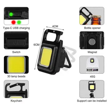 Мини Преносим джобен USB акумулаторна фенерче COB Work Light Led ключодържатели ключодържател за възстановяване на къмпинг на открито Тирбушон
