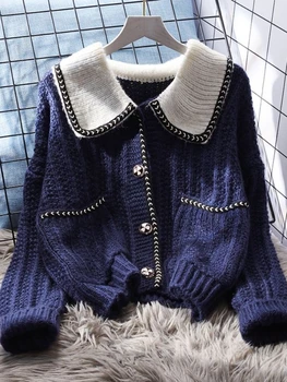 Модерен женски пуловер 2023, Нова Есенно-зимна жилетка с дълги ръкави, Корейската версия, Без контрастен трикотаж, Връхни дамски дрехи