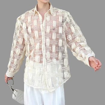 Мъжка риза С Прозрачен Ревера и Дълъг ръкав, Дишащи слънчеви Куртки, Трендови ризи в корейски стил, мъжки ризи