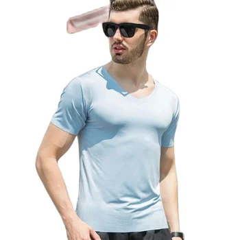 Мъжки безшевно однотонное бельо с къс ръкав, Тънка тениска с V-образно деколте 2023, модерен нов мъжки топ