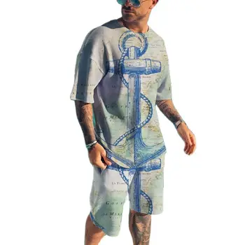 Мъжки комплект тениски с 3D-принтом, европейски и американски букви, тениска оверсайз с черепа, тенденция ежедневни тениска в плажен стил, къси панталони