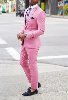 Мъжки костюм 2023 Година, най-новият дизайн палто и панталони, Ярко розово оборудвана случайни сватбен костюм, 2 предмета (яке + панталон + вратовръзка), traje de novio para