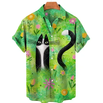 Мъжки свободна риза с къс ръкав с 3D принтом, ежедневни риза с хубав принтом котка, ретро стил, голям размер, идеален за плажни партита,