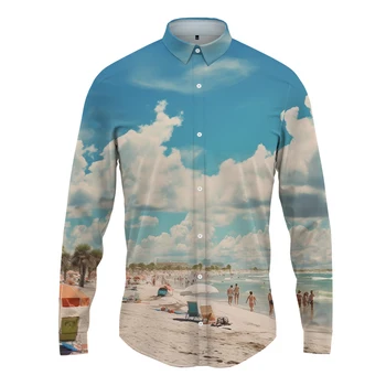 Нова мъжка риза с 3D принтом морски пейзажа, мъжка риза в стил ваканция, висококачествена модна тенденция мъжка риза