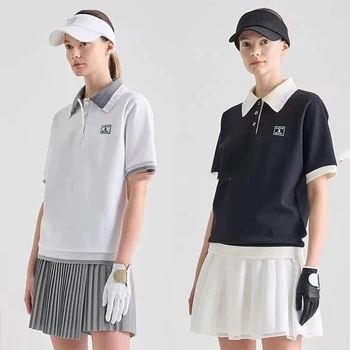 Облекло за голф, женски лятото поло, контрастная дишаща риза за голф, спортен быстросохнущий свободен ретро топ за голф