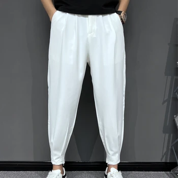 Панталони от ледената коприна, мъжки летни тънки ежедневни панталони, Красиви и висококачествени бели костюмные панталони с 9-точков занижением, мъжки панталони Harlan