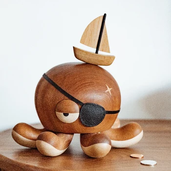 Прасенце дървена октопод Капитан Парична прасенце ръчно изработени художествена колекция Pirate прасенце