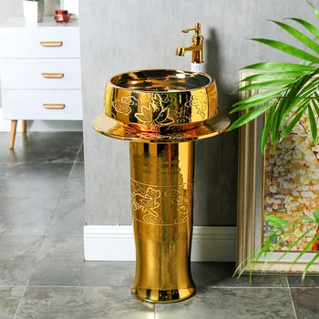 Продуктът може да бъде изработено по индивидуална заявка.Мивка със златен художествена колона в европейски стил, керамични вградена мивка с колона, подови мивка