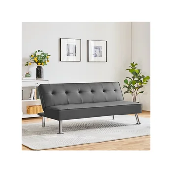 Разтегателен диван-futon от изкуствена кожа с хромирани метални крака, сив