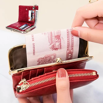 Реколта дамски портмонета Кратък жена портфейл с цип за карти в Чантата си Луксозен Дизайнерски Сгъваем женски клатч от изкуствена кожа