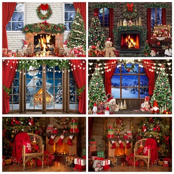 Ретро Коледен Фон за Камина, Коледно Дърво, Дървена врата на Бараката, Фон за Снимки, Декор за семейна почивка, Банер