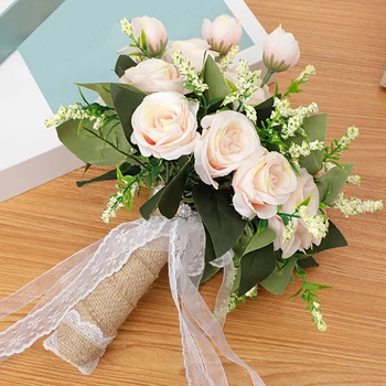 Сватбен Букет на Булката, имитиращи Рози, Бели изкуствени цветя, подпори за празничната фотография, Аксесоари за партита