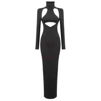 Секси черна Еластична рокля с високо деколте и дълъг ръкав с цепка на дъното, Есен, Новост, 2023